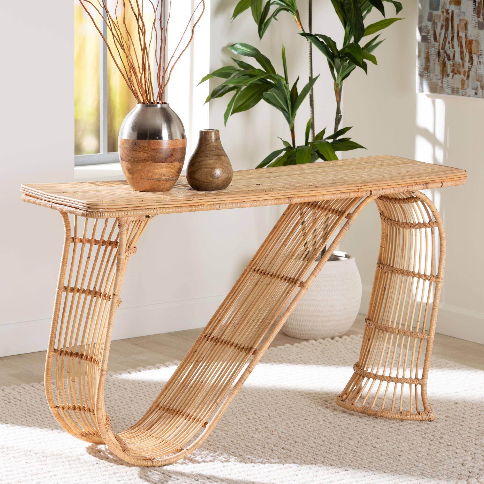 Alt View 4. bali & pari - Araceli Rattan S-Curve Console Table - Handwoven Wicker Sculptural Accent Table for Living Room or Entryway - Light Honey.