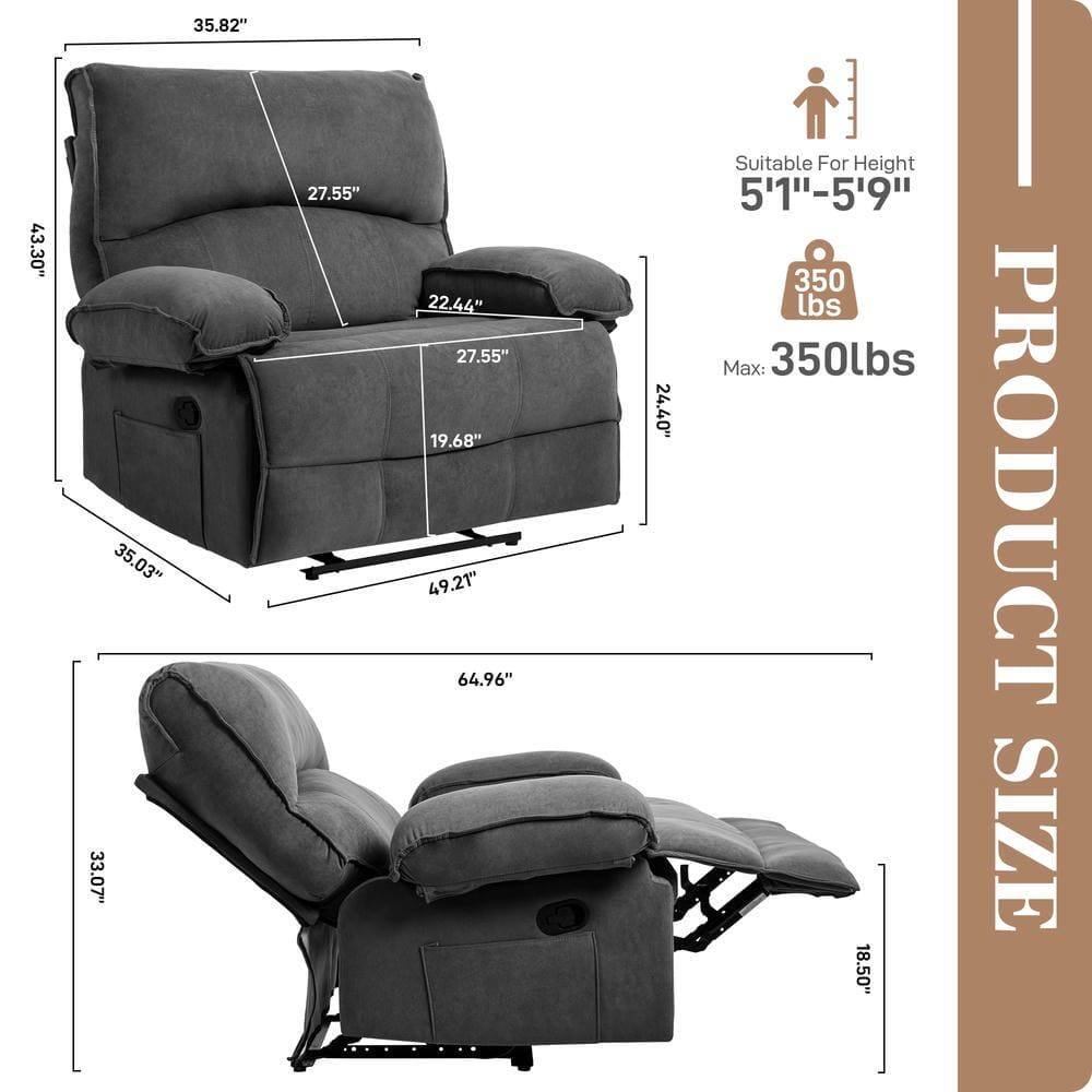 Sure, here is the corrected and grouped text from the image:

---

**PRODUCT SIZE**

- **Dimensions:**
  - Height: 43.30"
  - Width: 35.82"
  - Depth: 35.03"
  - Seat Height: 27.55"
  - Arm Height: 22.44"
  - Seat Depth: 27.55"
  - Back Height: 35.82"
  - Width (Reclined): 64.96"
  - Depth (Reclined): 49.21"
  - Height (Reclined): 18.50"
  - Width (Base): 33.07"
  - Depth (Base): 24.40"

- **Suitable For Height:**
  - 5'11" - 5'9"

- **Max Weight Capacity:**
  - 350 lbs

---