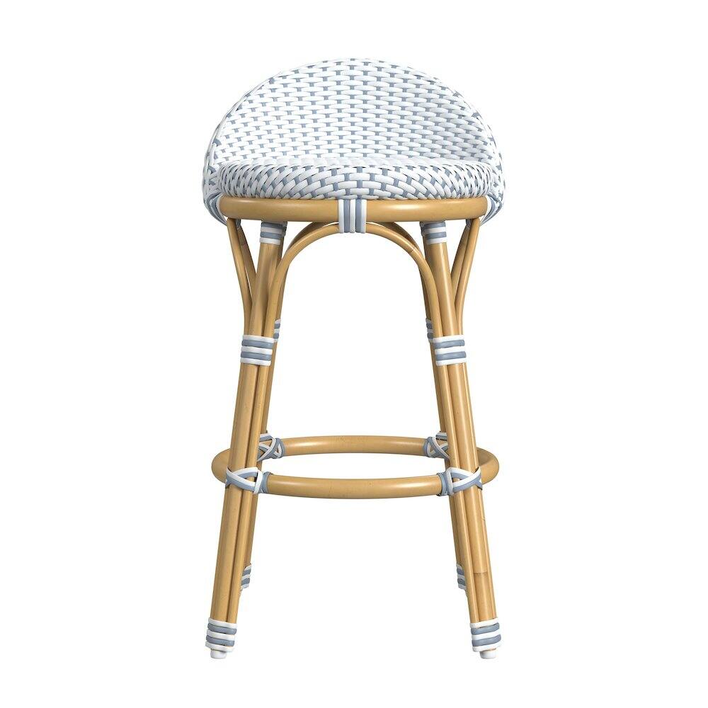 Back. Butler Specialty - Tobias 24.5 in. Seat Height Outdoor Rattan and Metal Low Back Counter Stool - White And Sky Blue Dot.