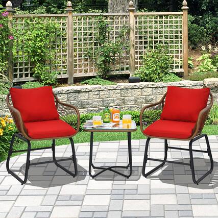 Front. Gymax - Gymax 3PCS Outdoor Bistro Set Patio Conversation Furniture Set w/ Red Cushions - Red.