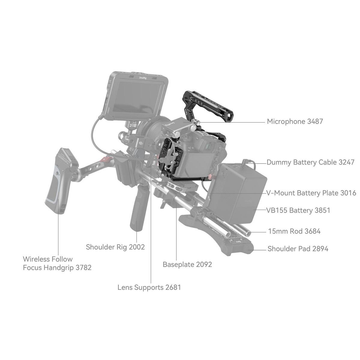 Microphone 3487  
Dummy Battery Cable 3247  
V-Mount Battery Plate 3016  
VB155 Battery 3851  
15mm Rod 3684  
Shoulder Rig 2002  
Wireless Follow Focus Handgrip 3782  
Baseplate 2092  
Shoulder Pad 2894  
Lens Supports 2681