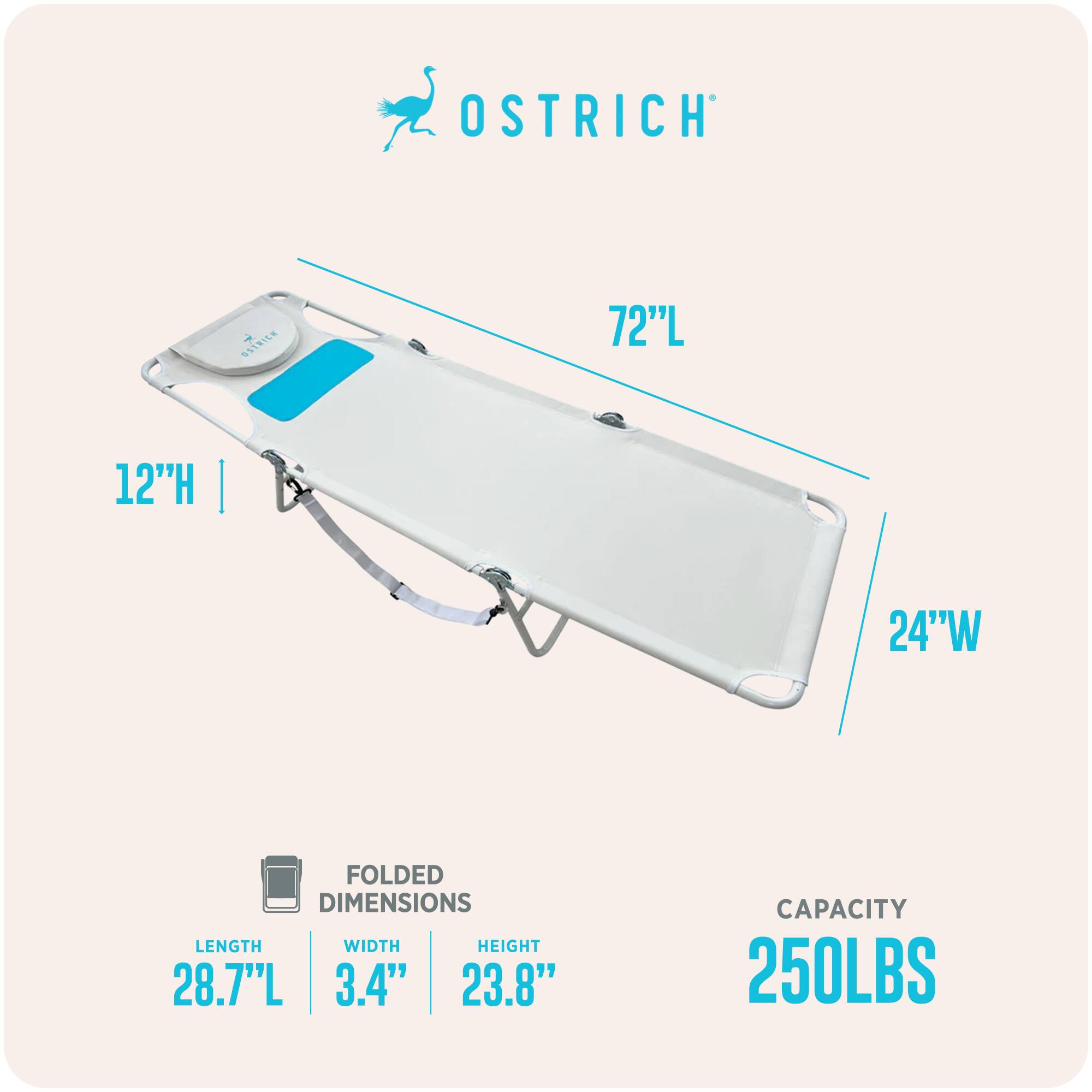 OSTRICH  
72"L 12"H | 24"W  
FOLDED DIMENSIONS  
LENGTH 28.7"L  
WIDTH 3.4"  
HEIGHT 23.8"  
CAPACITY 250LBS