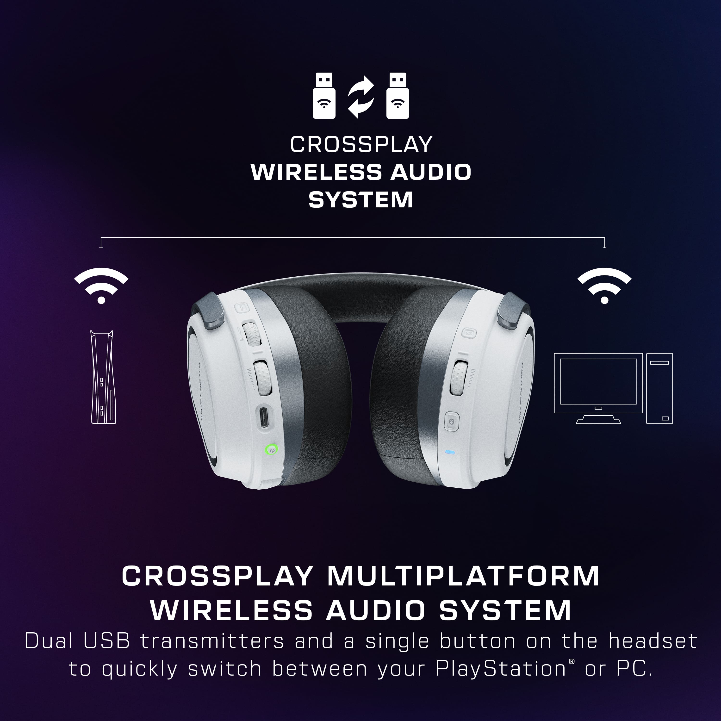 Crossplay Wireless Audio System: Crossplay Multiplaform Wireless Audio System. Dual USB transmitters and a single button on the headset to quickly switch between your PlayStation or PC.