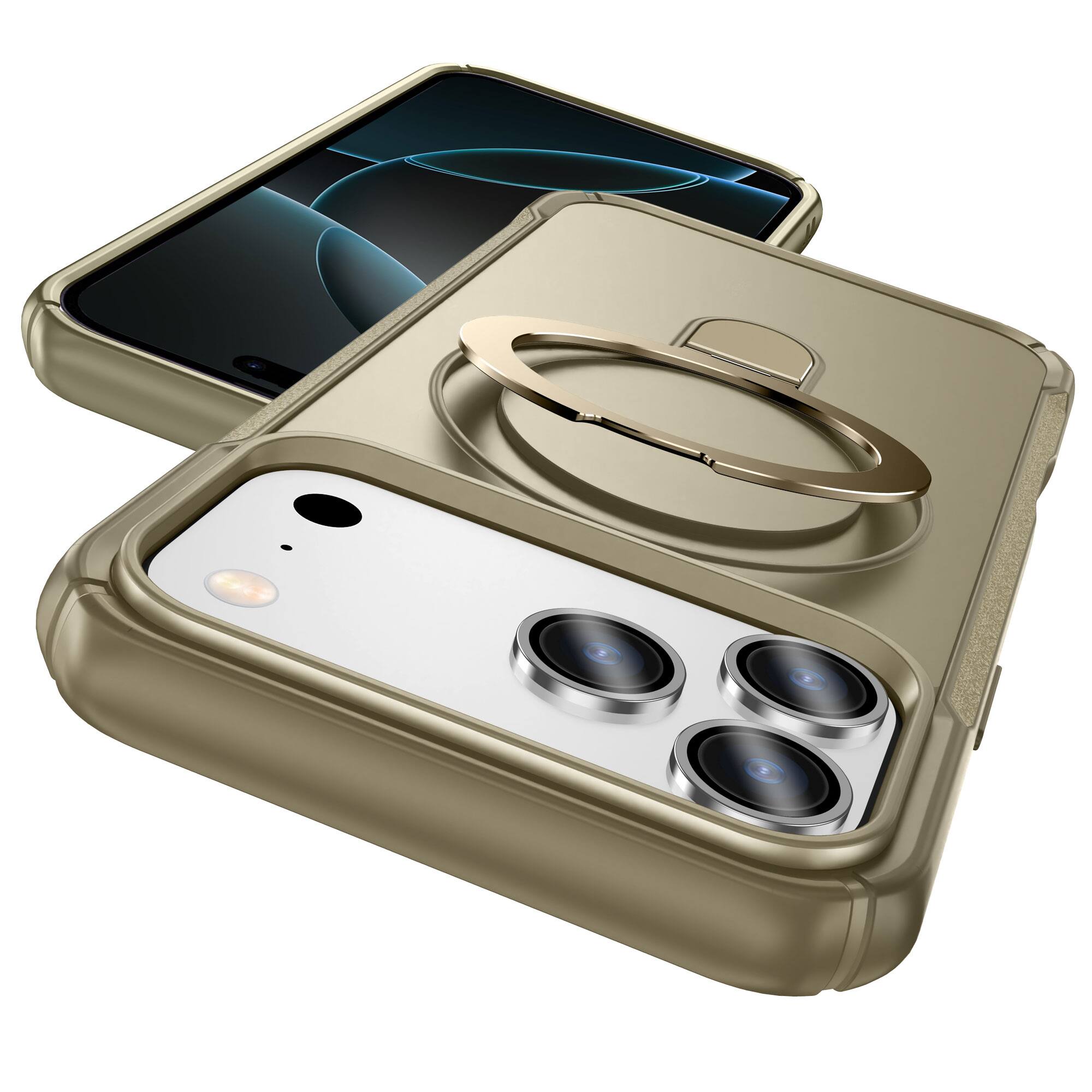 Angle. Dteck - Case For Apple iPhone 17 Pro Max Slim Magnetic Shockproof Rugged Cover With Adjustable Ring Stand, Mag Safe Compatible - Khaki.