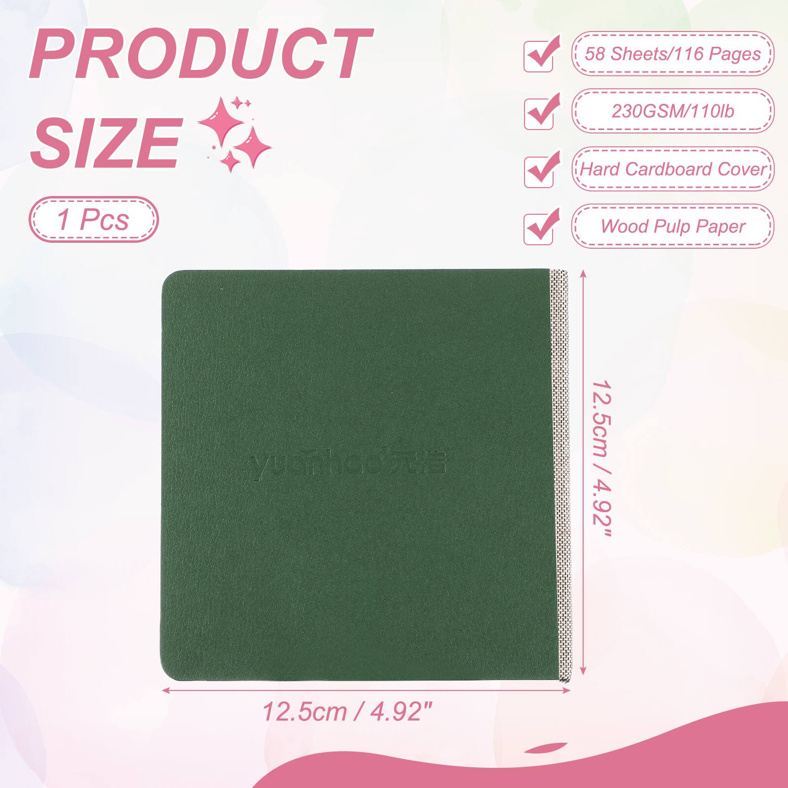 PRODUCT SIZE

1 Pcs

58 Sheets/116 Pages

230GSM/110lb

Hard Cardboard Cover

Wood Pulp Paper

12.5cm / 4.92"