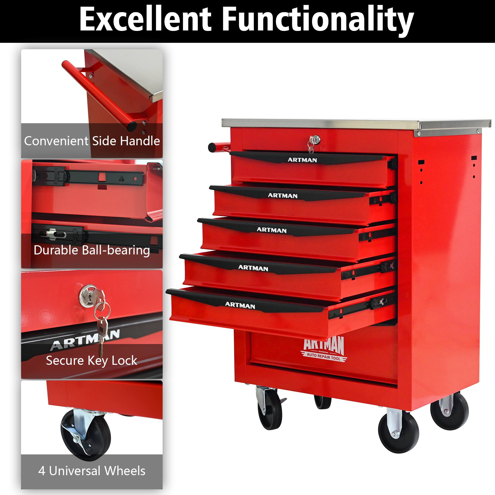 Excellent Functionality

- Convenient Side Handle
- Durable Ball-bearing
- Secure Key Lock
- 4 Universal Wheels