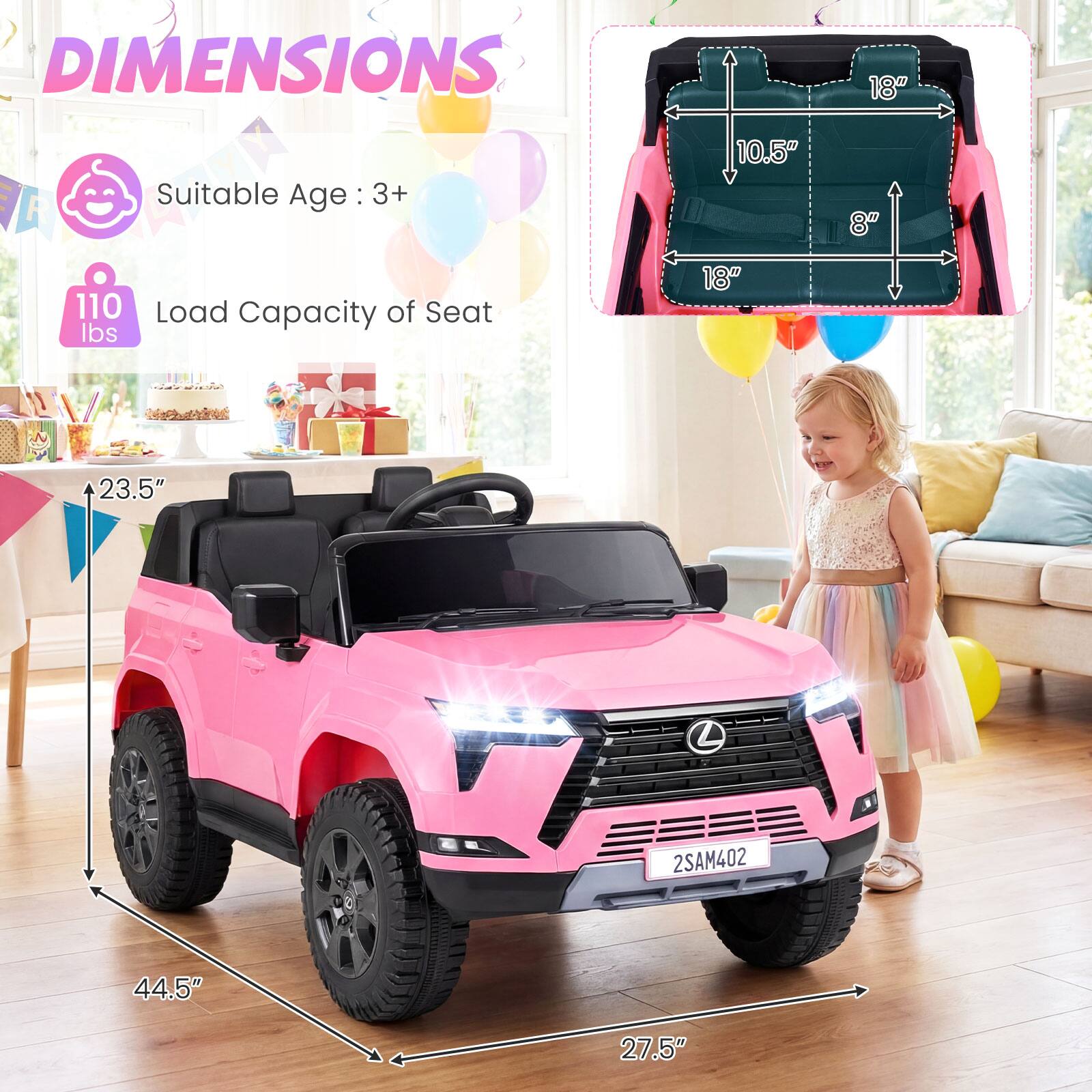 DIMENSIONS  
Suitable Age: 3+  
Load Capacity of Seat: 110 lbs  

18" R  
10.5"  
8"  
18"  
23.5"  
44.5"  
27.5"  

2SAM402