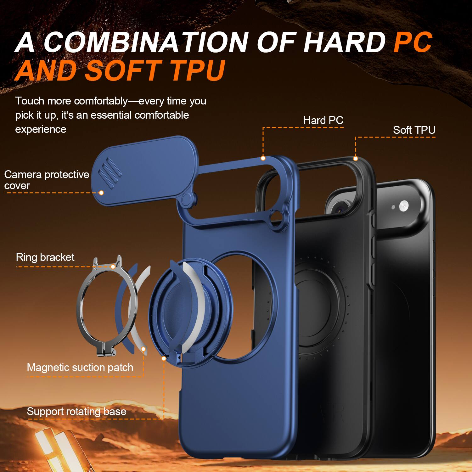 A COMBINATION OF HARD PC AND SOFT TPU

Touch more comfortably—every time you pick it up, it's an essential comfortable experience

Camera protective cover

Ring bracket

Magnetic suction patch

Support rotating base