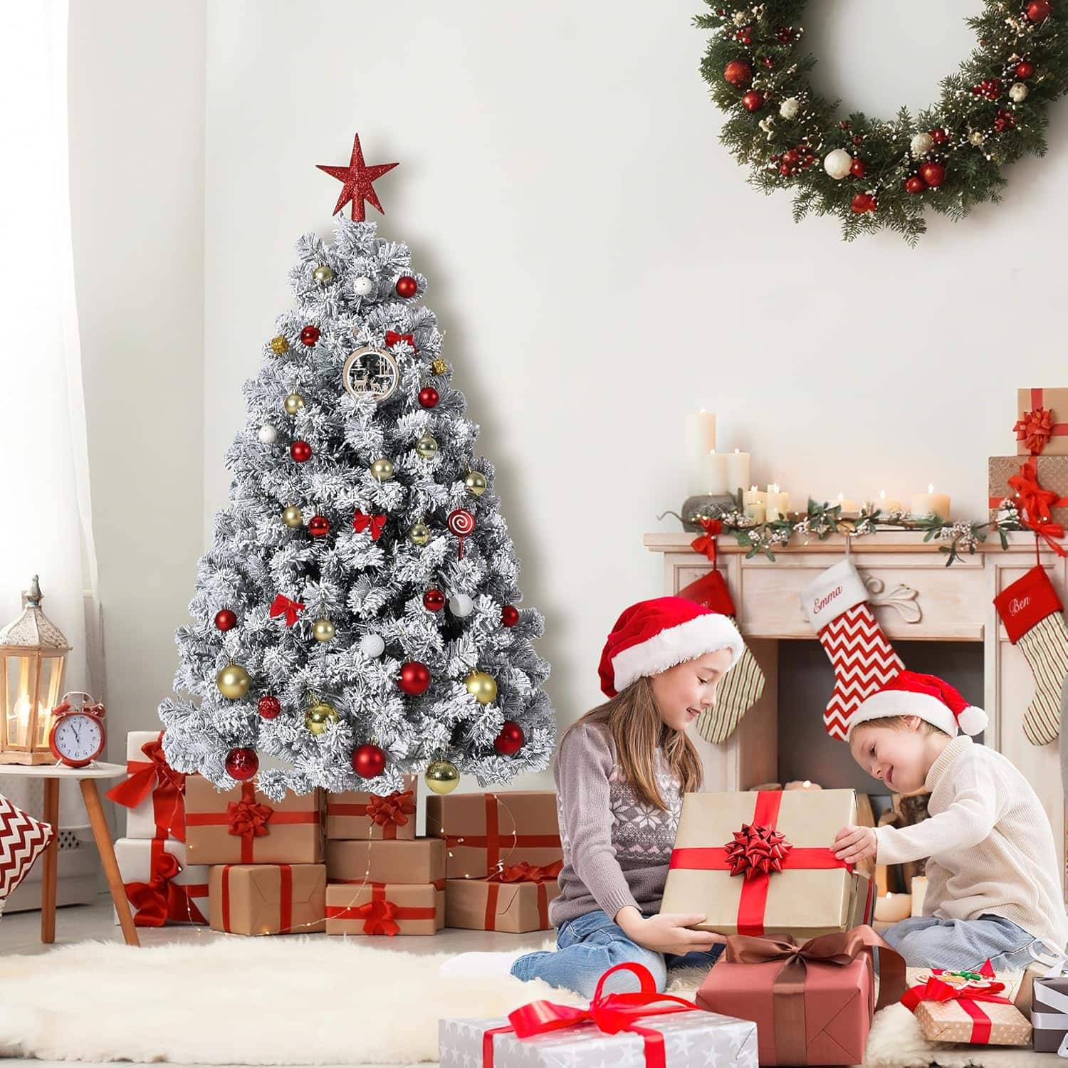 GARVEE - 6FT Snow Flocked Pre-Lit Artificial Christmas Tree, 250 Warm Lights, Quick Hinged Setup, Foldable Metal Base - White