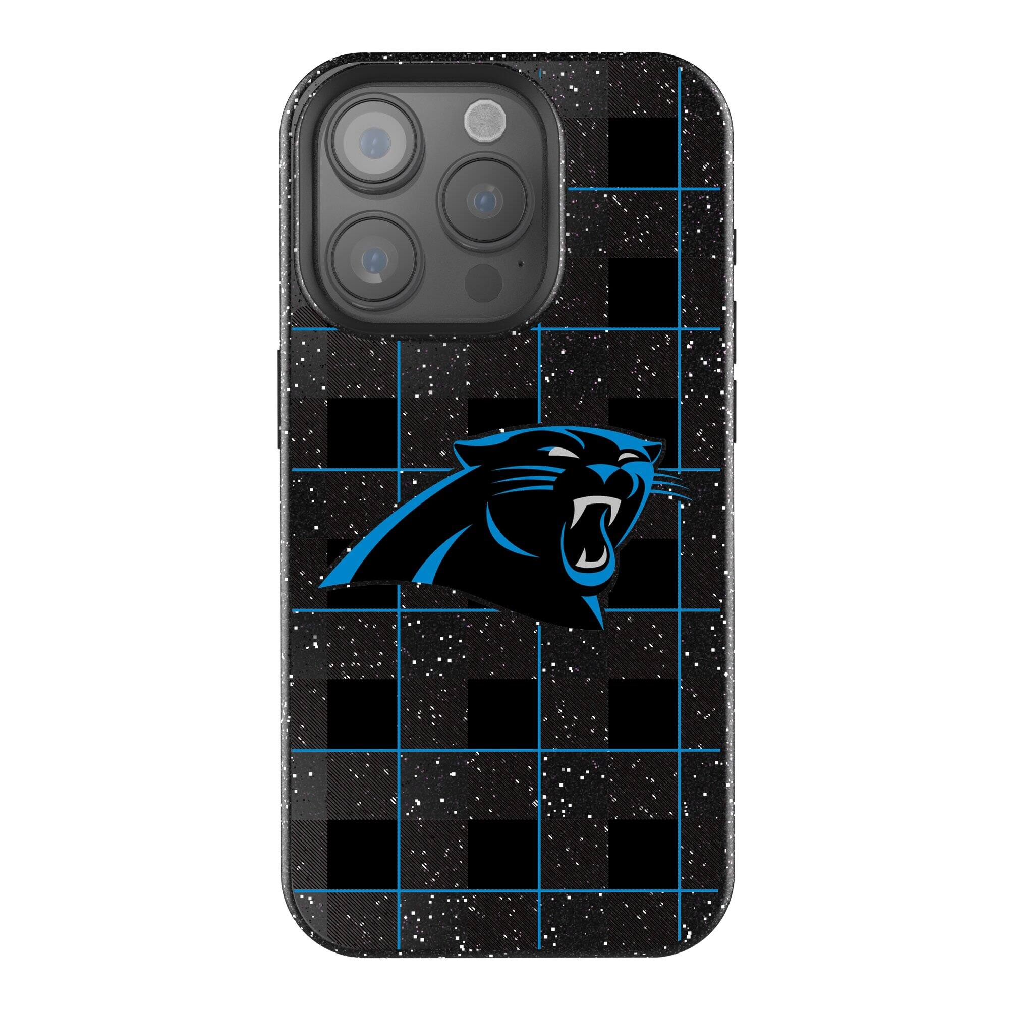 Front. Keyscaper - Carolina Panthers Plaid Bling iPhone Case - 16 Pro Max - Black.