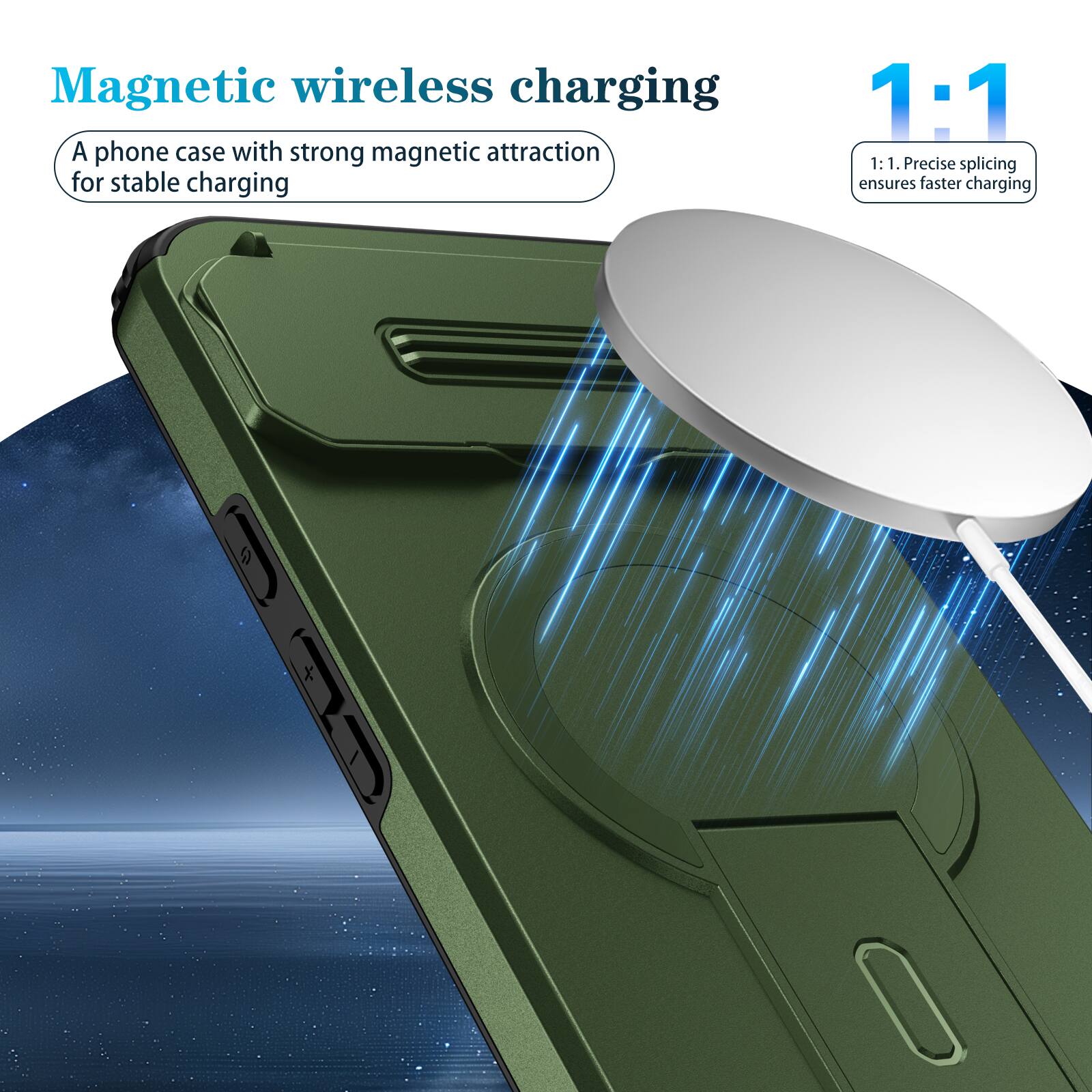 Magnetic wireless charging

A phone case with strong magnetic attraction for stable charging

1:1

1:1. Precise splicing ensures faster charging