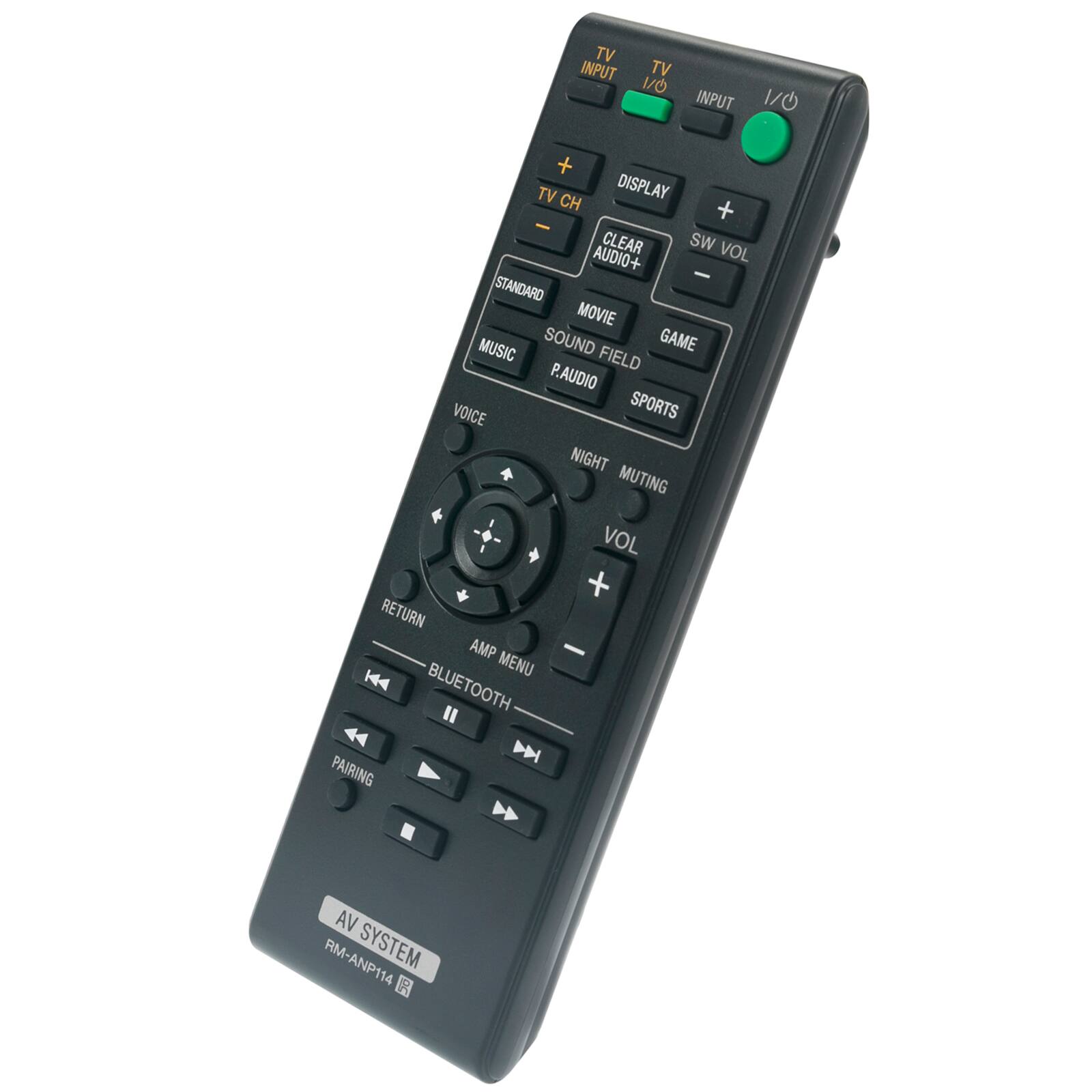 TV INPUT TV 1/O INPUT 1/0 + TV DISPLAY CH + - CLEAR SW VOL AUDIO+ - STANDARD MOVIE SOUND FIELD P.AUDIO VOICE SPORTS NIGHT MUTING VOL + RETURN AMP MENU BLUETOOTH PAIRING AV RM-ANP114 SYSTEM