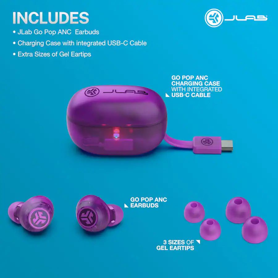 JLab Go POP ANC True Wireless Earbuds Cloud Foam Tips Purple