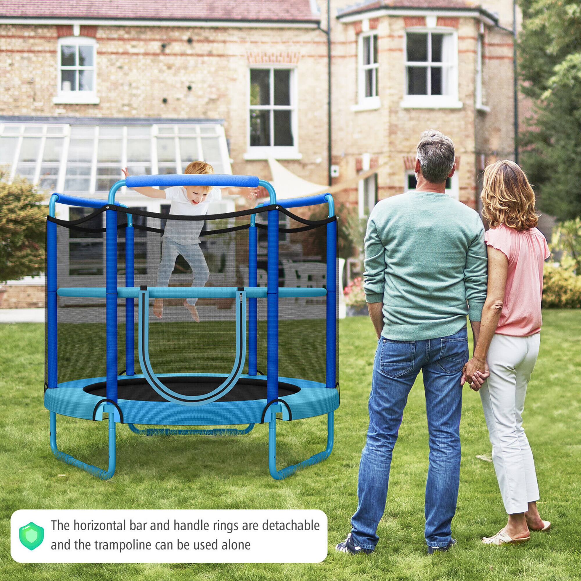 The horizontal bar and handle rings are detachable and the trampoline can be used alone.