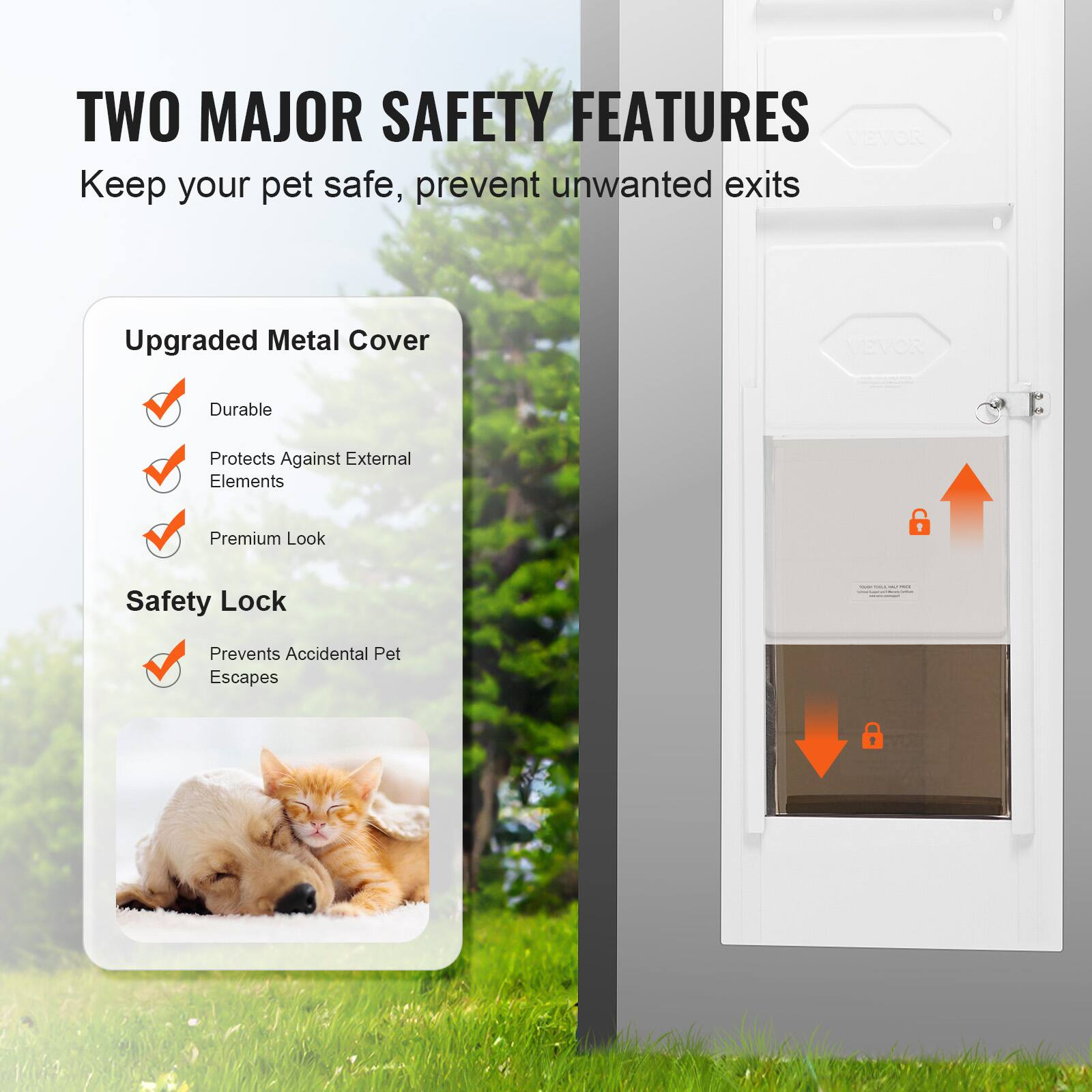 Two major safety features: 

1. Upgraded Metal Cover
   - Durable
   - Protects Against External Elements
   - Premium Look

2. Safety Lock
   - Prevents Accidental Pet Escapes

Keep your pet safe, prevent unwanted exits.