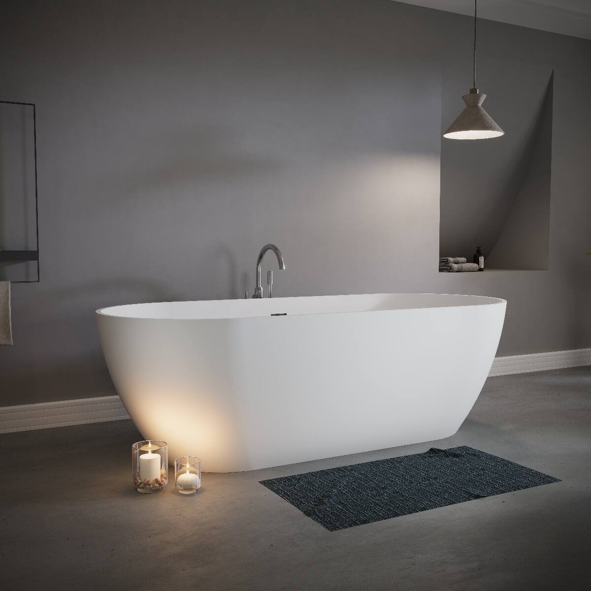 Loheer 63 Inch Freestanding Solid Surface Soaking Bathtub with Center ...