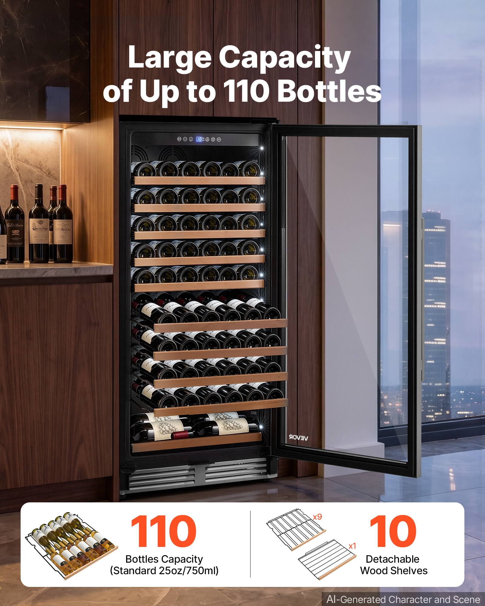 Large Capacity of Up to 110 Bottles

110 Bottles Capacity (Standard 25oz/750ml)

10 Detachable Wood Shelves

AI-Generated Character and Scene