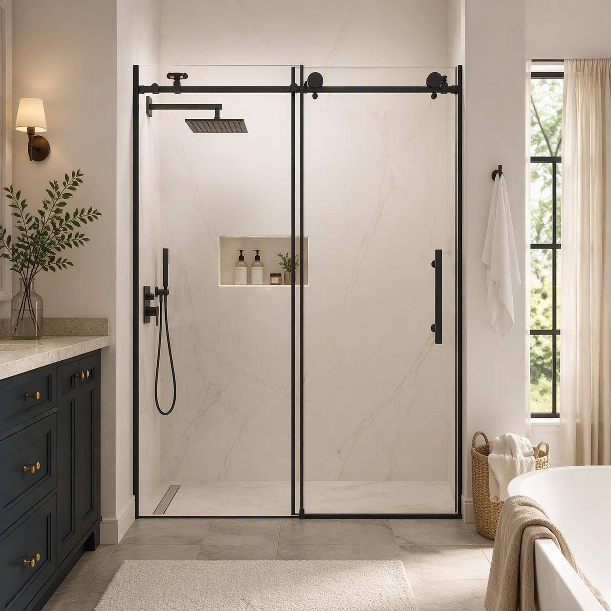 Back. RYHNUYNE - Frameless Shower Door 44-48" W X 76" H With 1/4" Clear Tempered Glass, Matte Black Steel Handle - Matte Black.