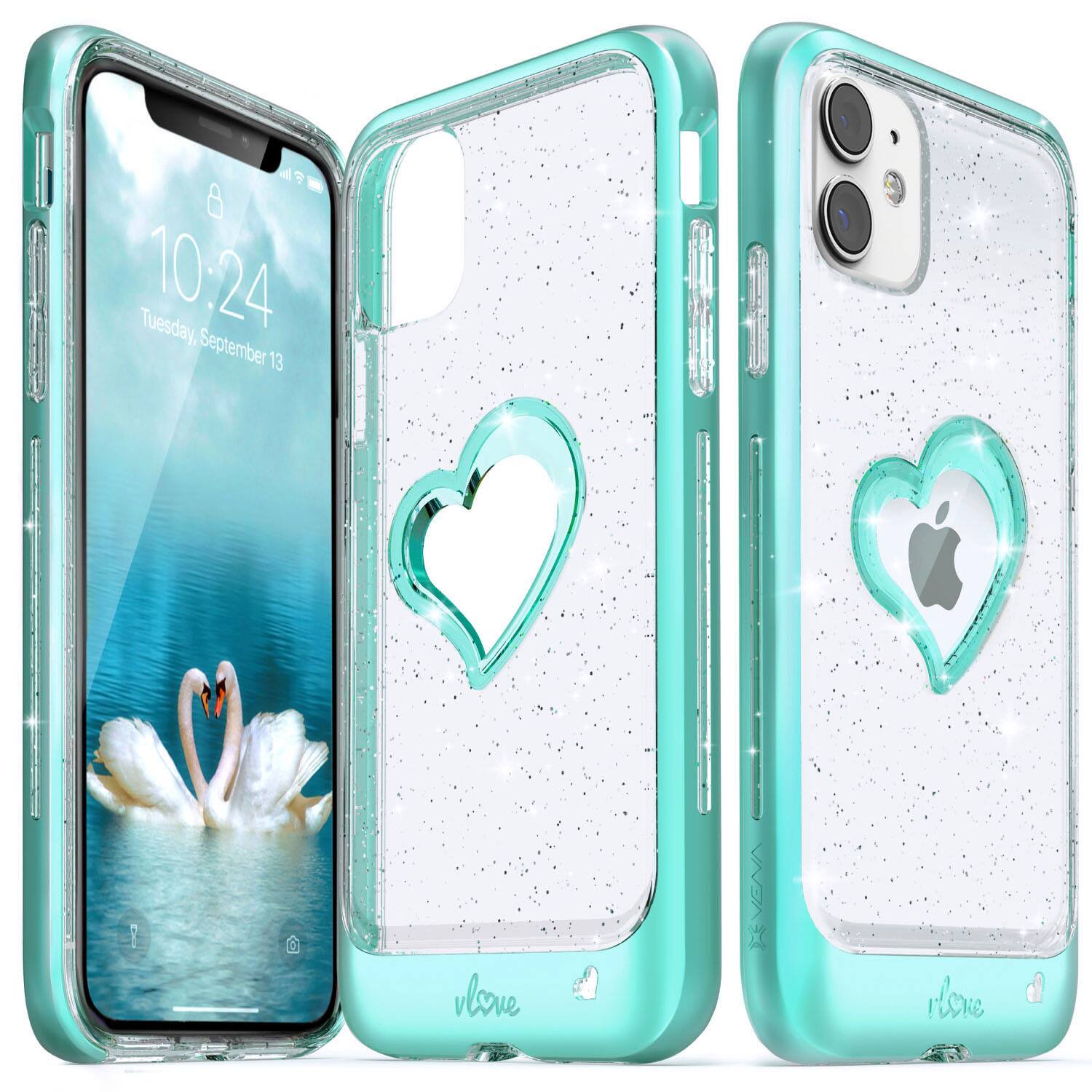 Vena - vLove Glitter Heart Case for Apple iPhone 11 - Teal - Multicolored
