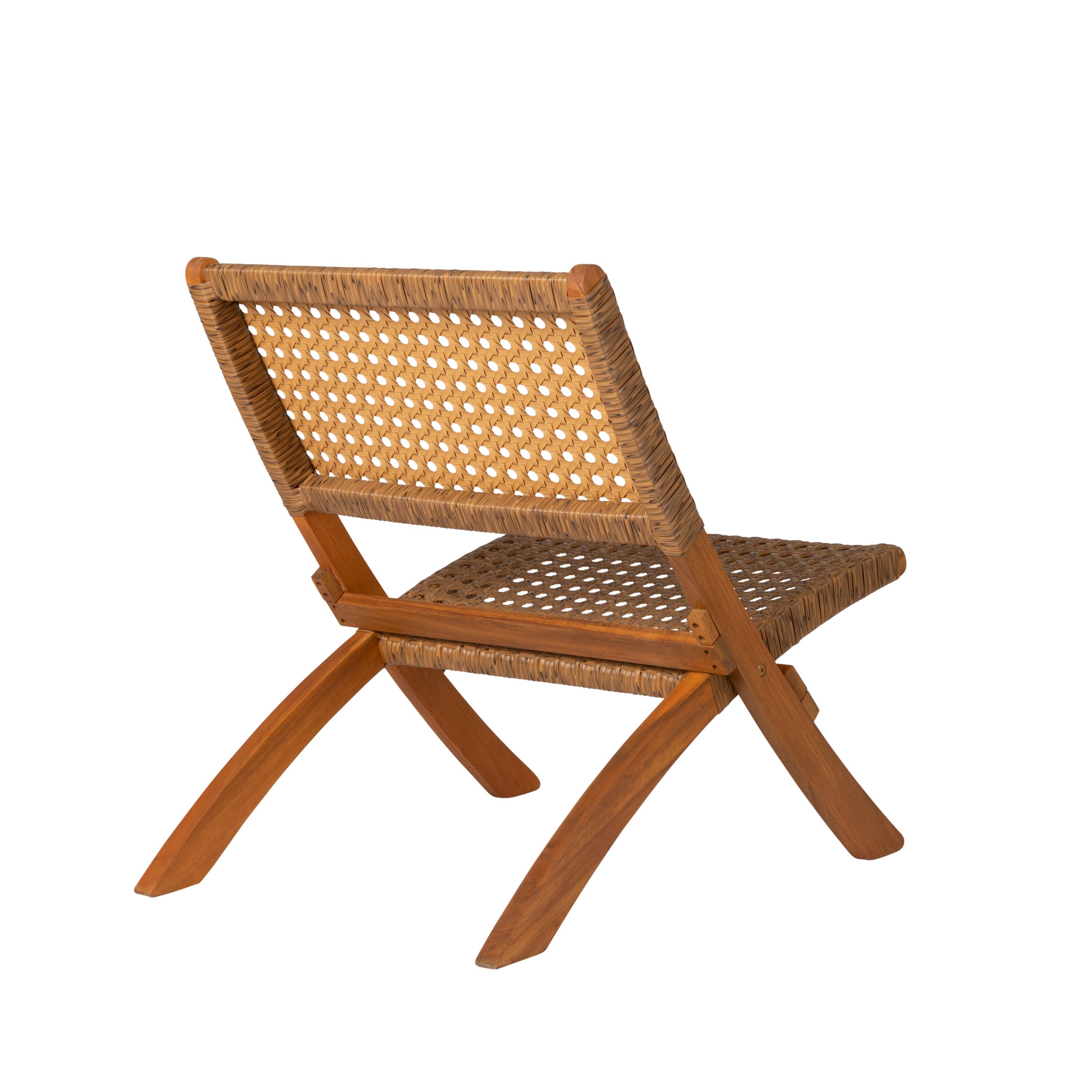 Back. Balkene Home - Sava Indoor Outdoor Folding Chair All Weather Wicker Low Slung Portable Seating Solid Acacia Wood Woven Seat, Back - Brown.