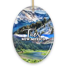 OrnamentallyYou - Vibrant Taos New Mexico Ornament, Pueblo Mountainside Christmas Gift and Souvenir (Oval) - Multi-colored