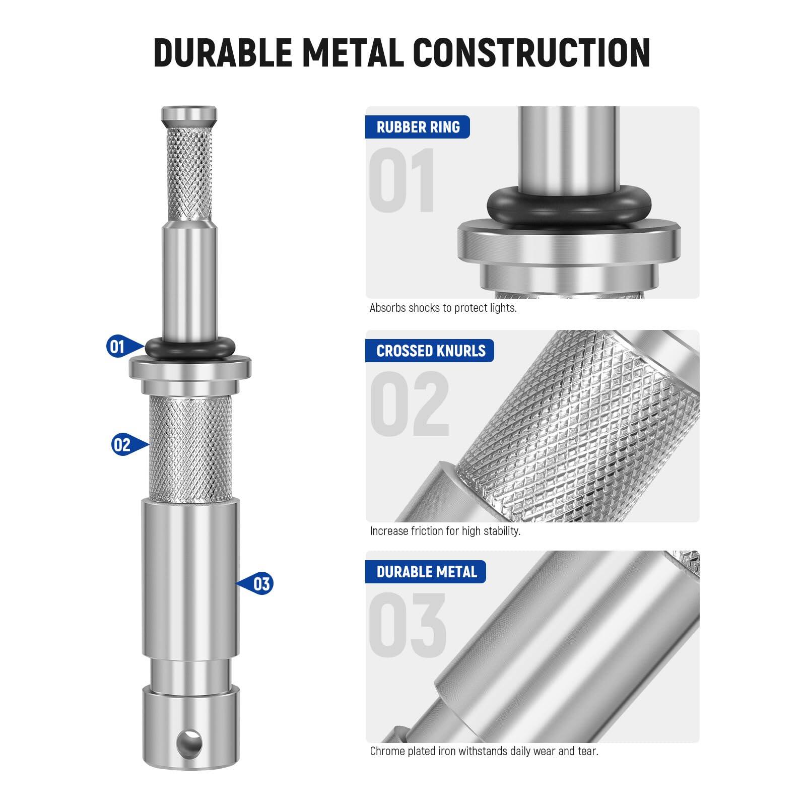 DURABLE METAL CONSTRUCTION

01 RUBBER RING
Absorbs shocks to protect lights.

02 CROSSED KNURLS
Increase friction for high stability.

03 DURABLE METAL
Chrome plated iron withstands daily wear and tear.