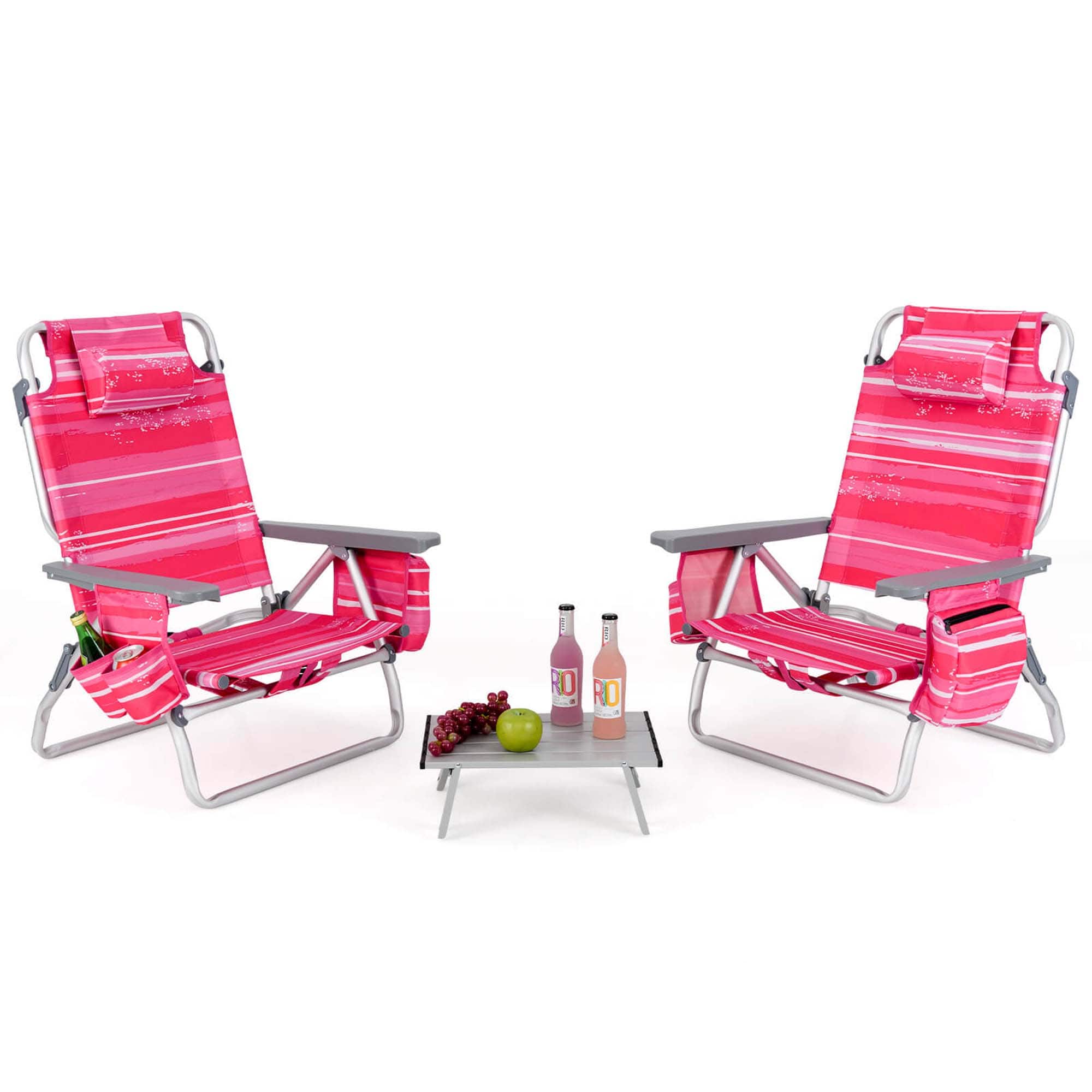 Front. Costway - Costway 2-Pack Folding Backpack Beach Chair Table Set 5-Position Outdoor Reclining Chair - Hot Pink.