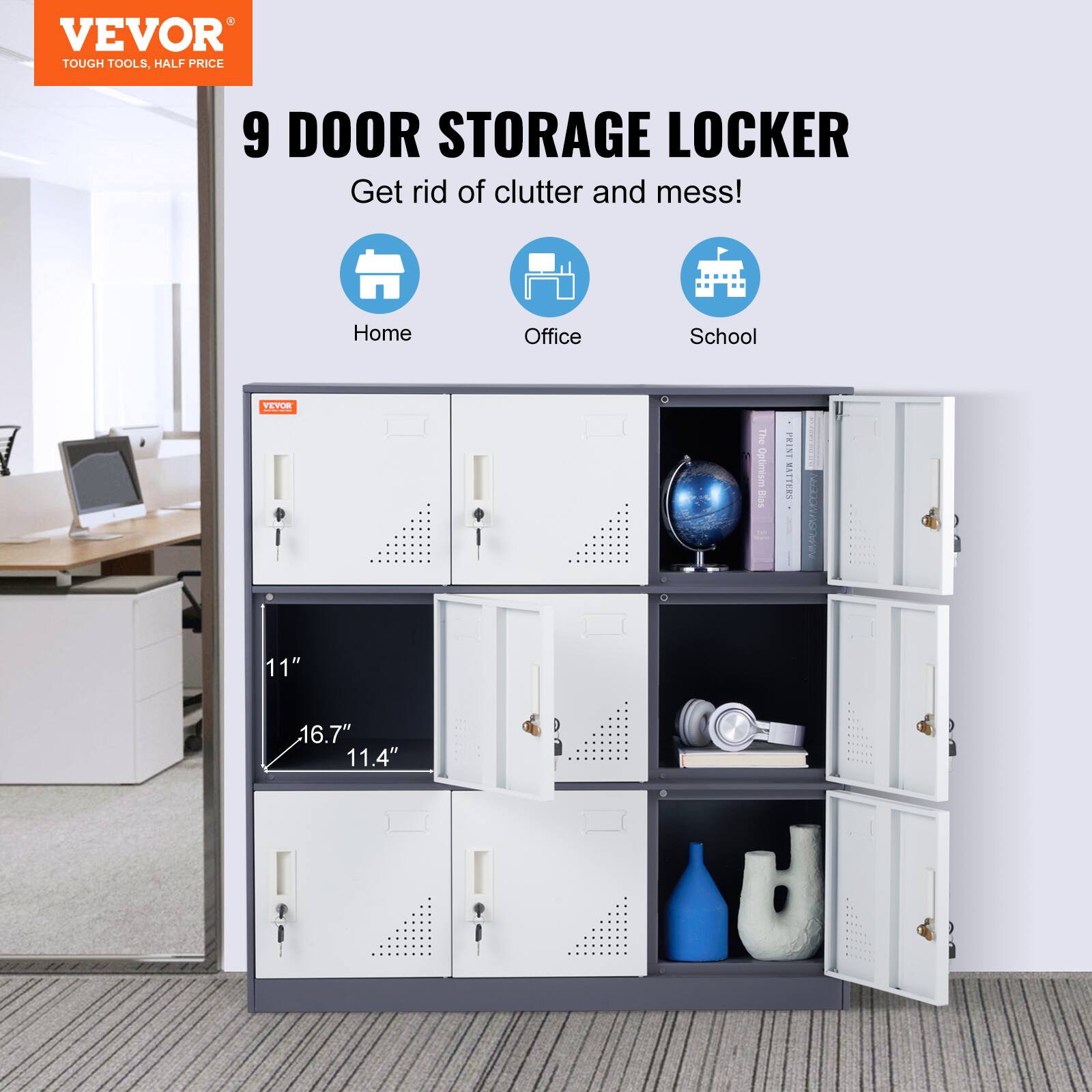 VEVOR TOUGH TOOLS, HALF PRICE 9 DOOR STORAGE LOCKER Get rid of clutter and mess! Home Office School VEVOR F I F PRINE STTERS  11" 16.7" 11.4" U