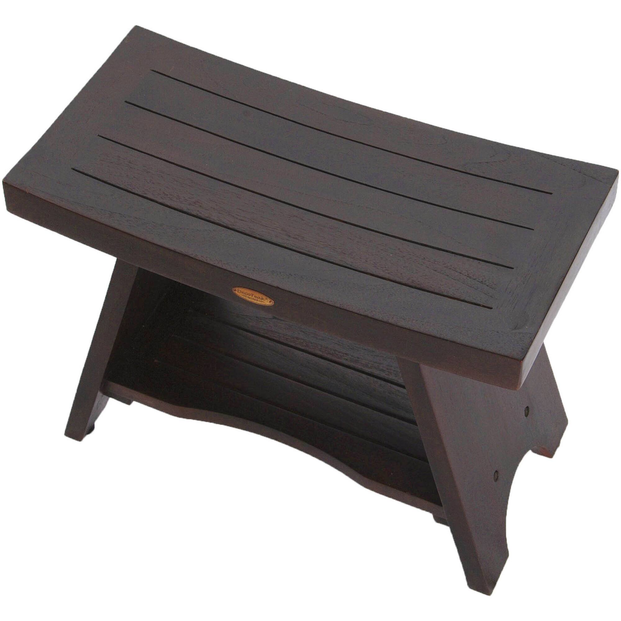 Back. DecoTeak - DecoTeak® Serenity® 24" Teak Wood Shower Bench with Shelf in Woodland Brown Finish - Woodland Brown.
