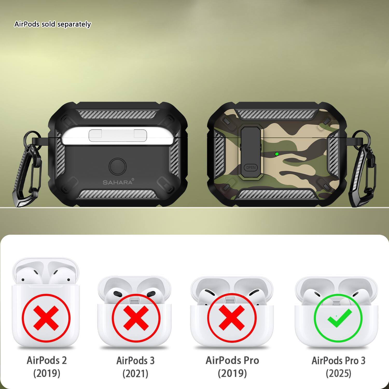 AirPods sold separately

AirPods 2 (2019)  
AirPods 3 (2021)  
AirPods Pro (2019)  
AirPods Pro 3 (2025)