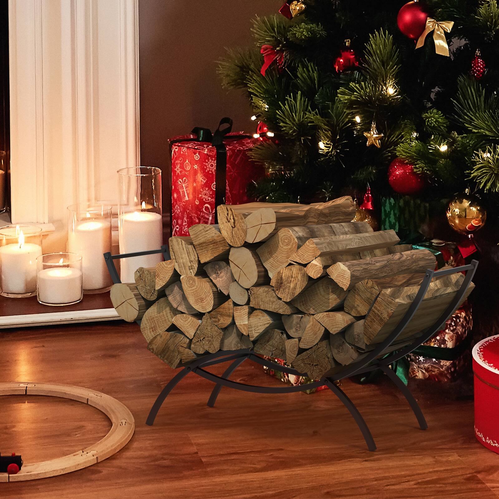 Back. Oumilen - 37 Inch Firewood Rack, Heavy-Duty Black Metal Log Holder with Double Semi-Circular Frame, Indoor/Outdoor Use - Black.