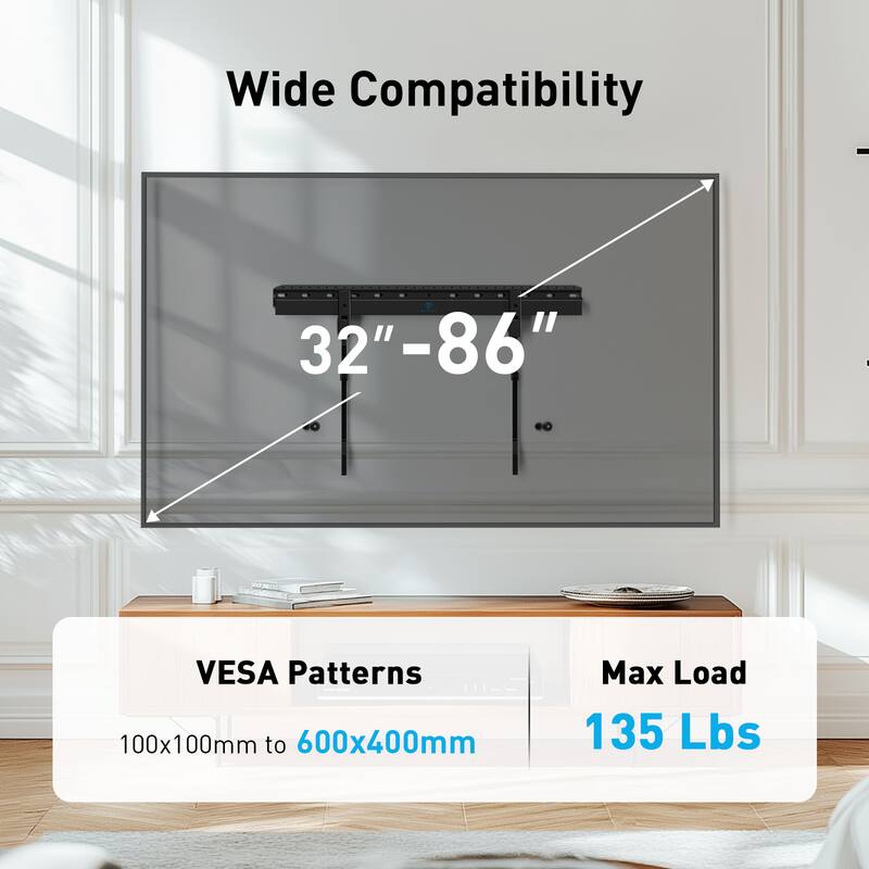 Wide Compatibility  
32" - 86"  

VESA Patterns  
100x100mm to 600x400mm  

Max Load  
135 Lbs