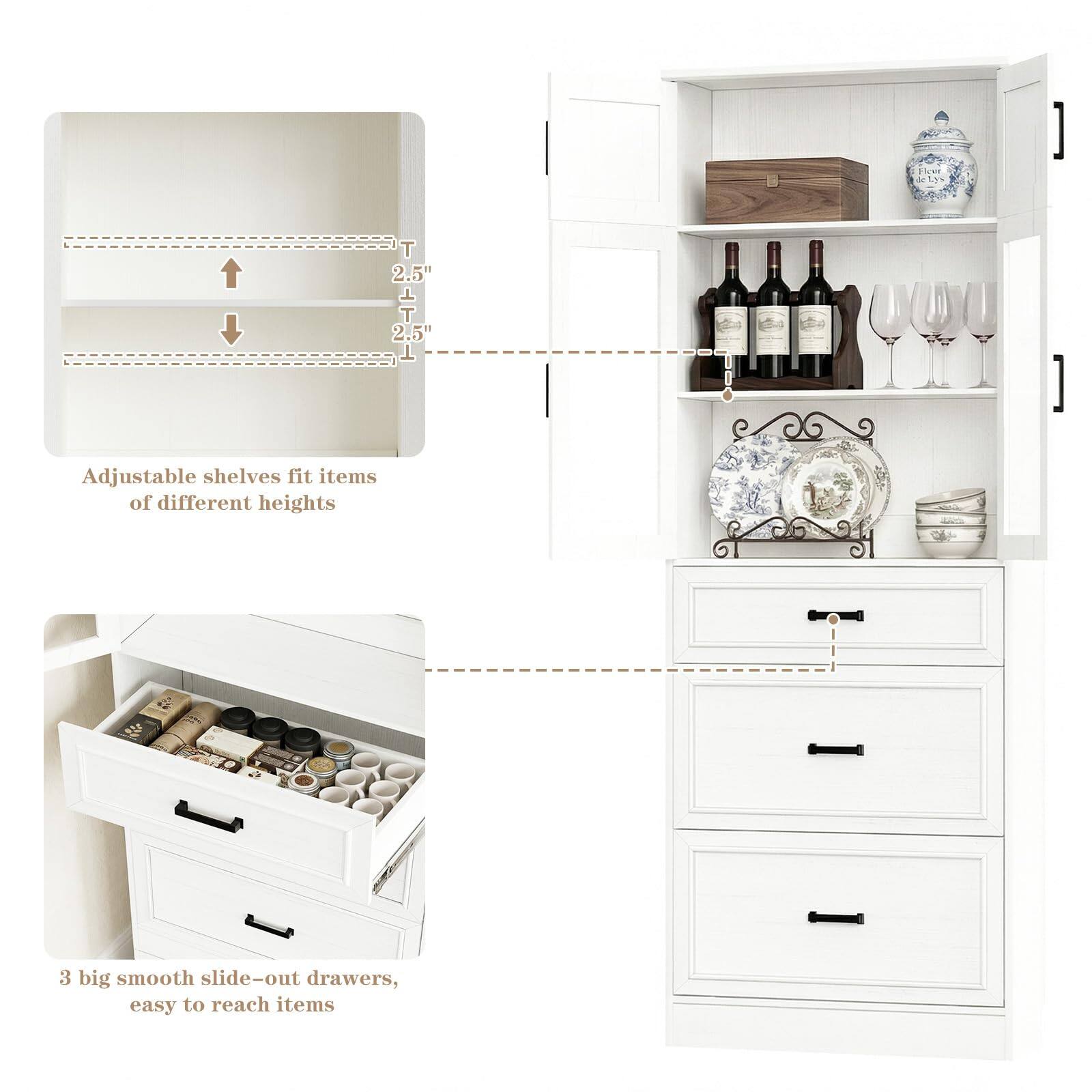 Adjustable shelves fit items of different heights

3 big smooth slide-out drawers, easy to reach items