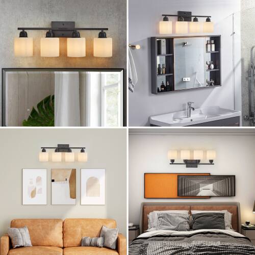 Back. LUCKY ONE - 24in Wall Mount Vanity Light, 4-Light Black Modern Sconce with Milky White Frosted Glass Shades - Black.