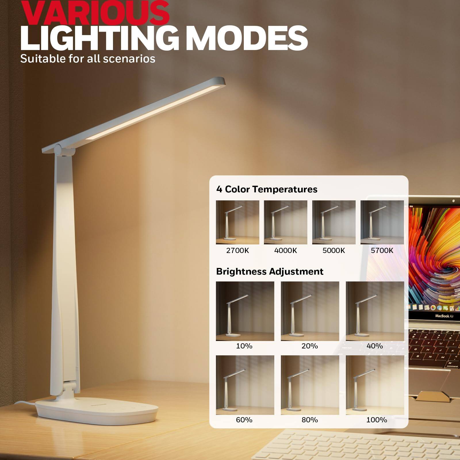 VARIOUS LIGHTING MODES Suitable for all scenarios 4 Color Temperatures 2700K 4000K 5000K 5700K Brightness Adjustment 10% 20% 40% 60% 80% 100%