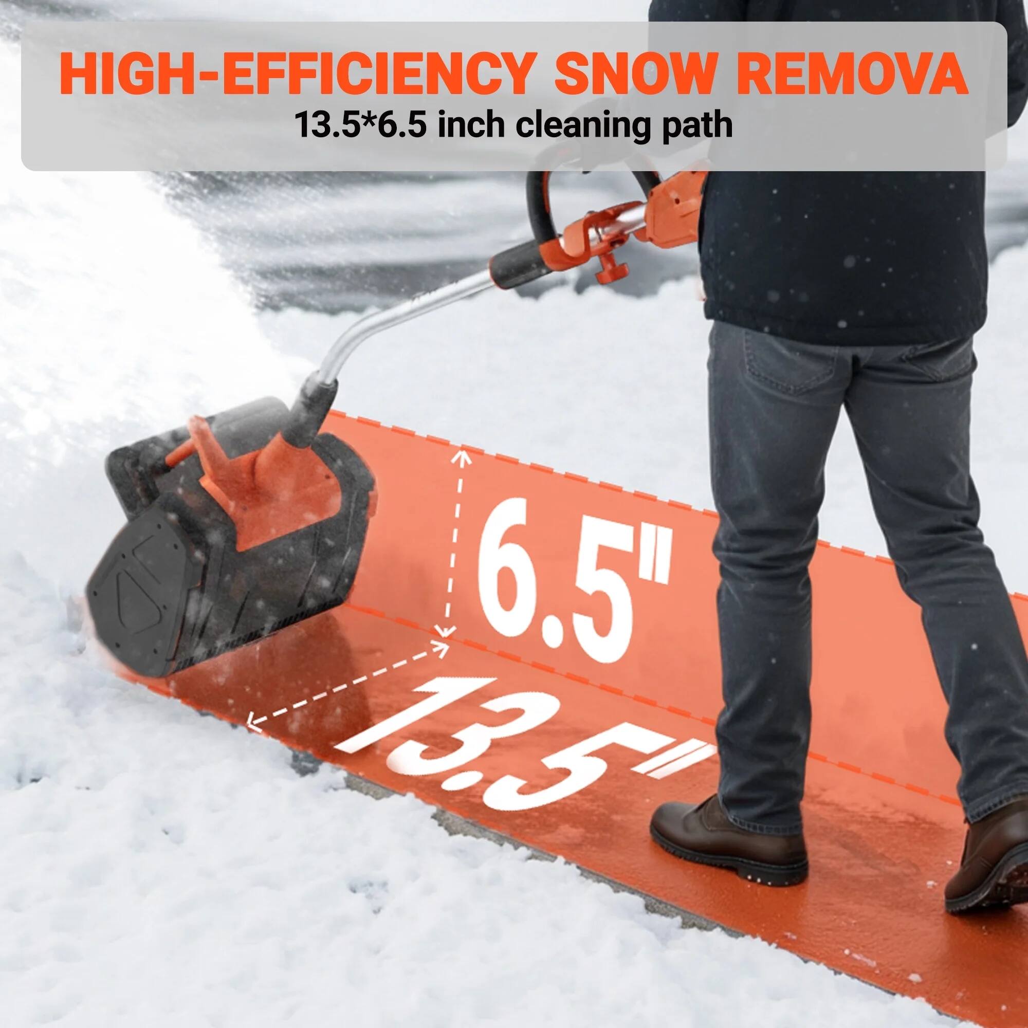 HIGH-EFFICIENCY SNOW REMOVAL  
13.5*6.5 inch cleaning path  

6.5"  
13.5"
