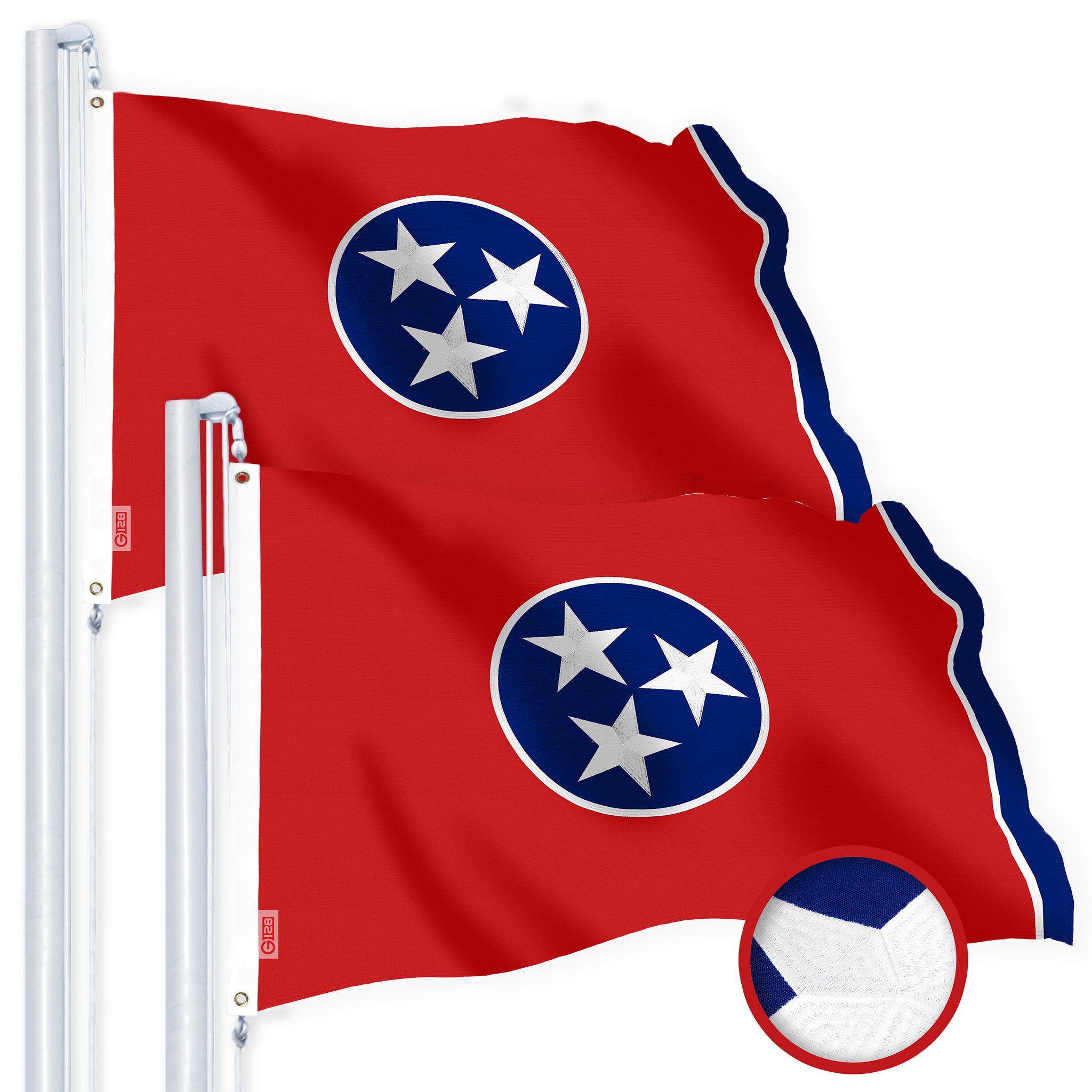 G128 - 2-Pack Tennessee State Flag, 1 x 1.5 ft, Embroidered 220GSM Spun Polyester with Brass Grommets - Assorted Colors