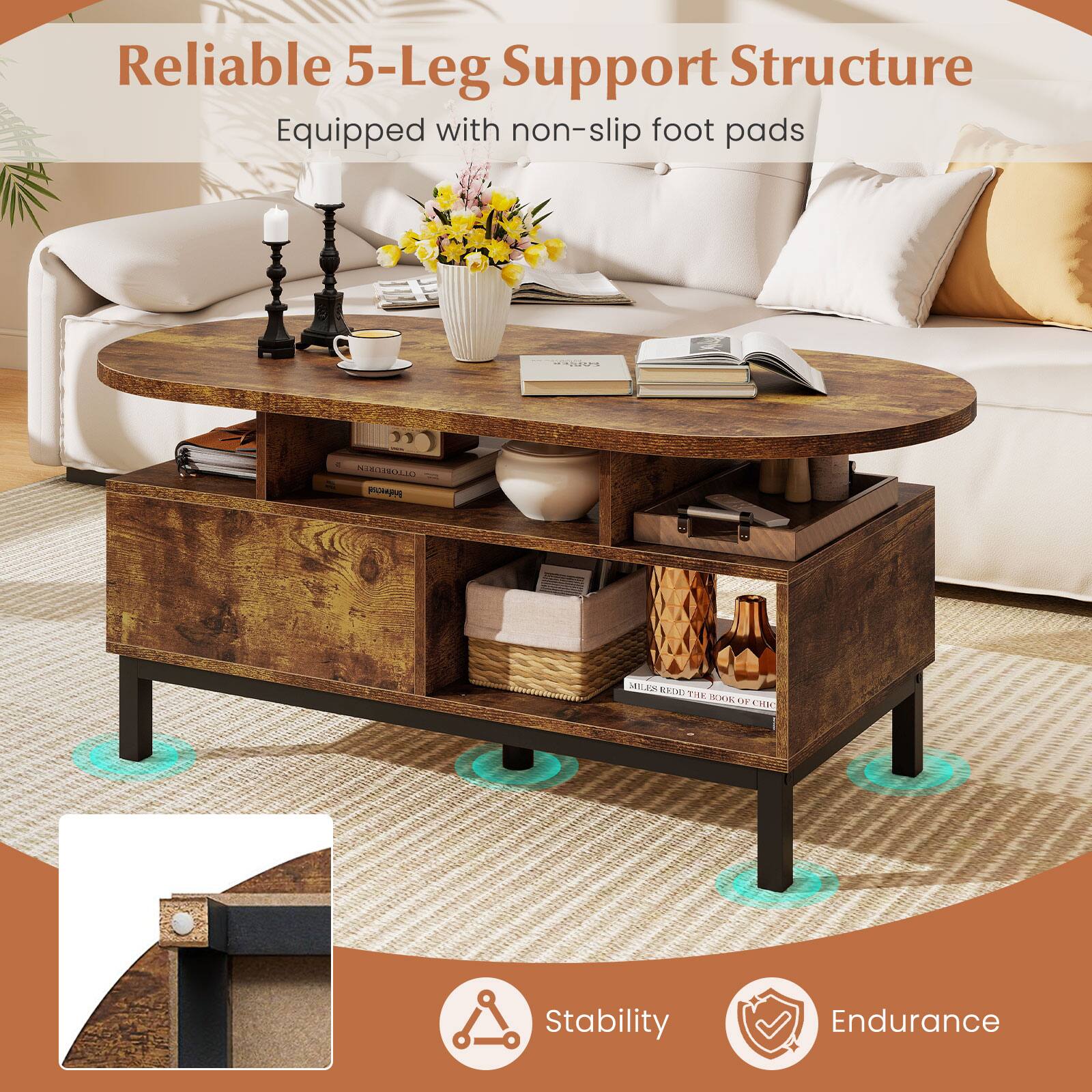 Reliable 5-Leg Support Structure  
Equipped with non-slip foot pads  

Stability  
Endurance