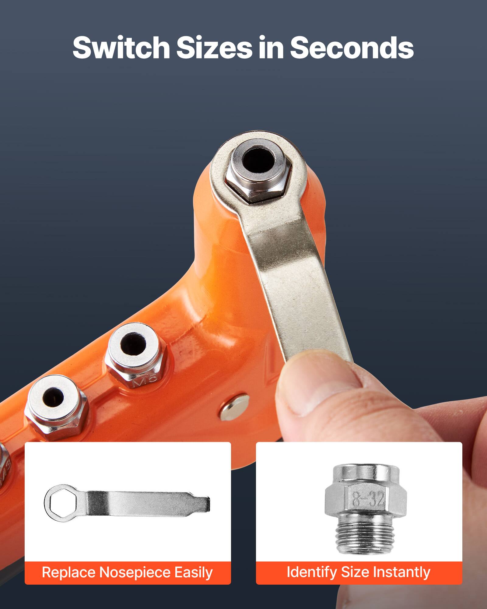 Switch Sizes in Seconds

Replace Nosepiece Easily

Identify Size Instantly