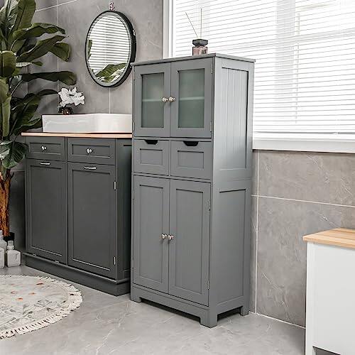 Alt View 1. Ecooso - 4-Door Freestanding Bathroom Storage Cabinet with 2 Drawers and Glass Doors Organizer - Gray.