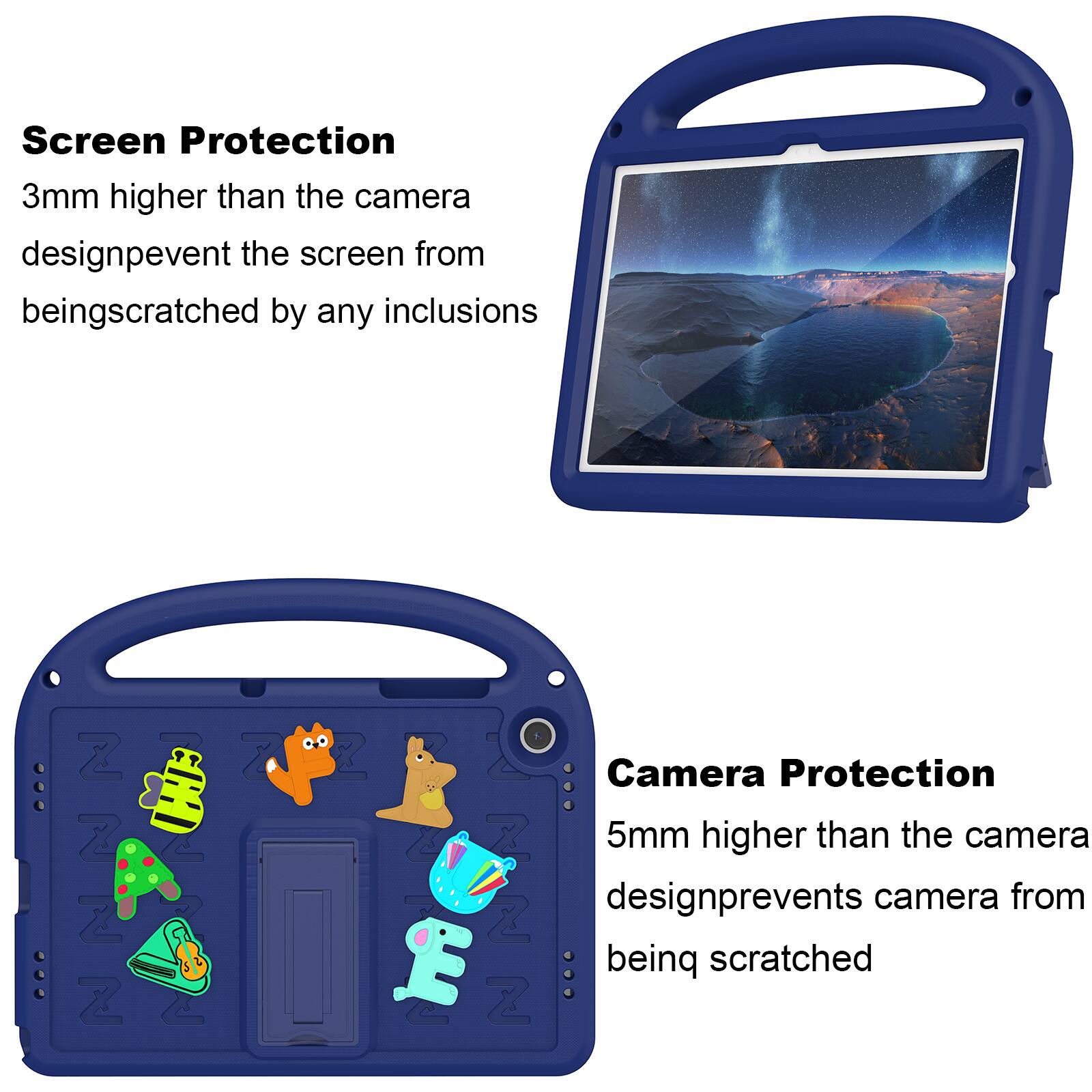 Screen Protection  
3mm higher than the camera design prevents the screen from being scratched by any inclusions

Camera Protection  
5mm higher than the camera design prevents camera from being scratched