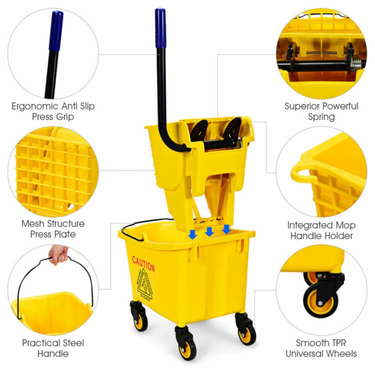 - Ergonomic Anti Slip Press Grip
- Superior Powerful Spring
- Mesh Structure Press Plate
- Integrated Mop Handle Holder
- Practical Steel Handle
- Smooth TPR Universal Wheels
- CAUTION