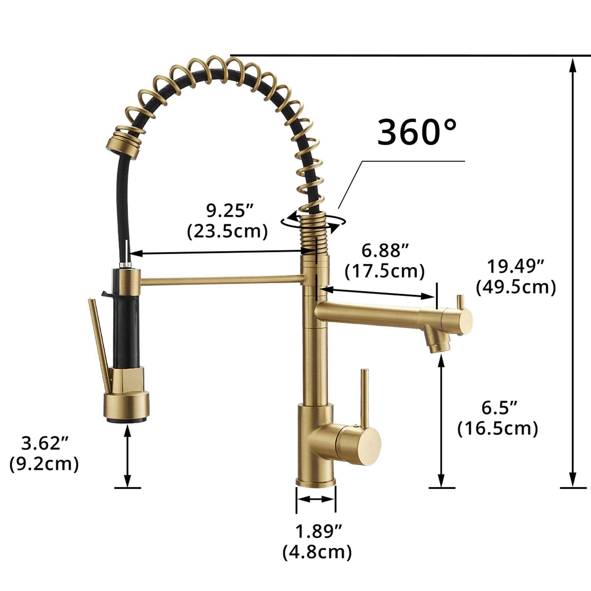360°

- 9.25" (23.5cm)
- 6.88" (17.5cm)
- 19.49" (49.5cm)
- 3.62" (9.2cm)
- 6.5" (16.5cm)
- 1.89" (4.8cm)