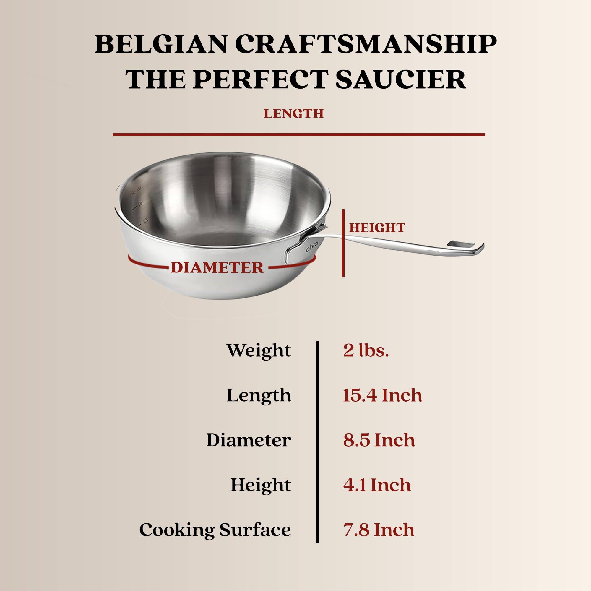 BELGIAN CRAFTSMANSHIP THE PERFECT SAUCIER
Weight 2 lbs.
Length 15.4 Inch
Diameter 8.5 Inch
Height 4.1 Inch
Cooking Surface 7.8 Inch