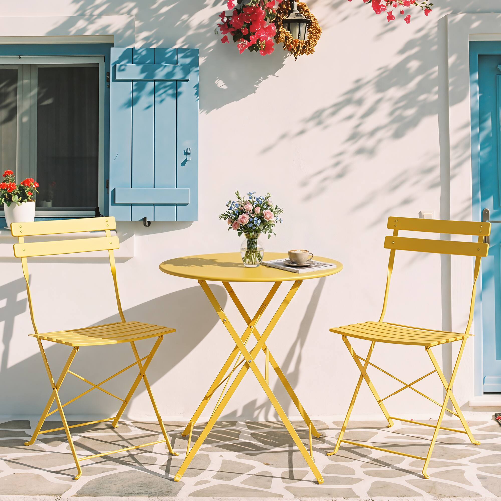 Alt View 6. Nuu Garden - 3PCS E-Coated Metal Patio Bistro Set, Folding Bistro Table and Chairs Set - Yellow.