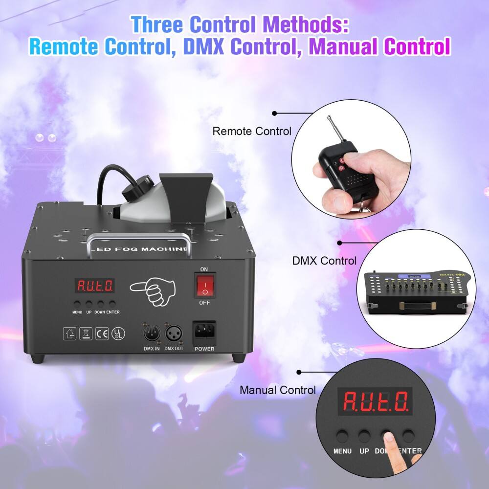 Three Control Methods:  
Remote Control, DMX Control, Manual Control  

Remote Control  
DMX Control  
Manual Control  

LED FOG MACHINE  

R.U.E.O.  
MENU UP DOWN ENTER  

DMX IN DMX OUT POWER  

ON OFF  

R.U.E.O.  
MENU UP DOWN ENTER