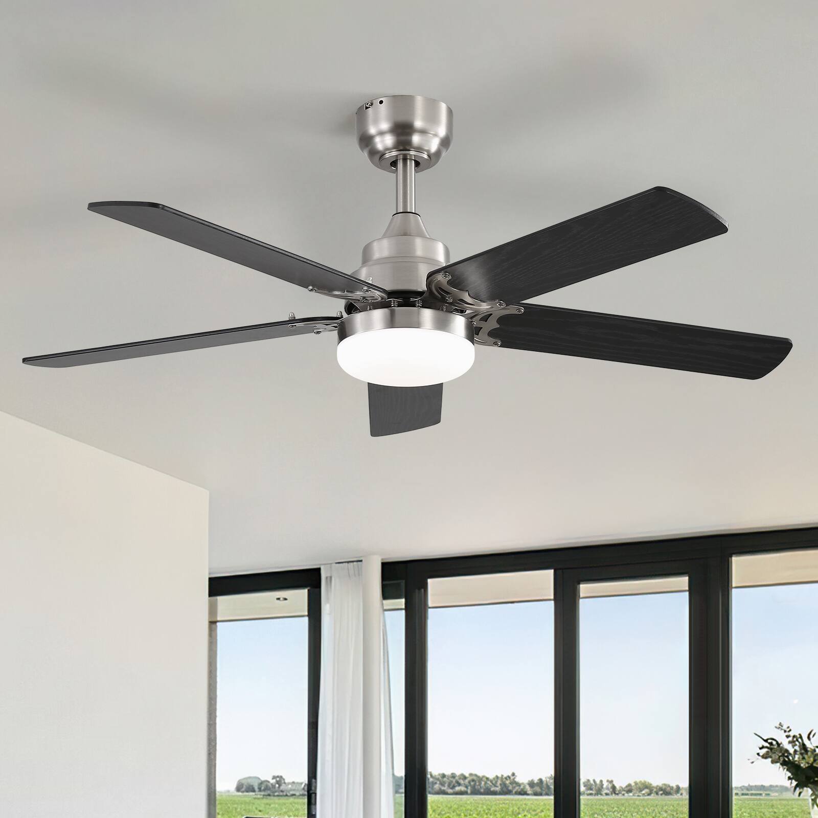 Angle. Sofucor - 42'' Ceiling Fan Light Kit w/5 Dual Finish Blade Reversible DC & Remote Tri Mounting Options for Farmhouse Bedroom Patio - Nickel.