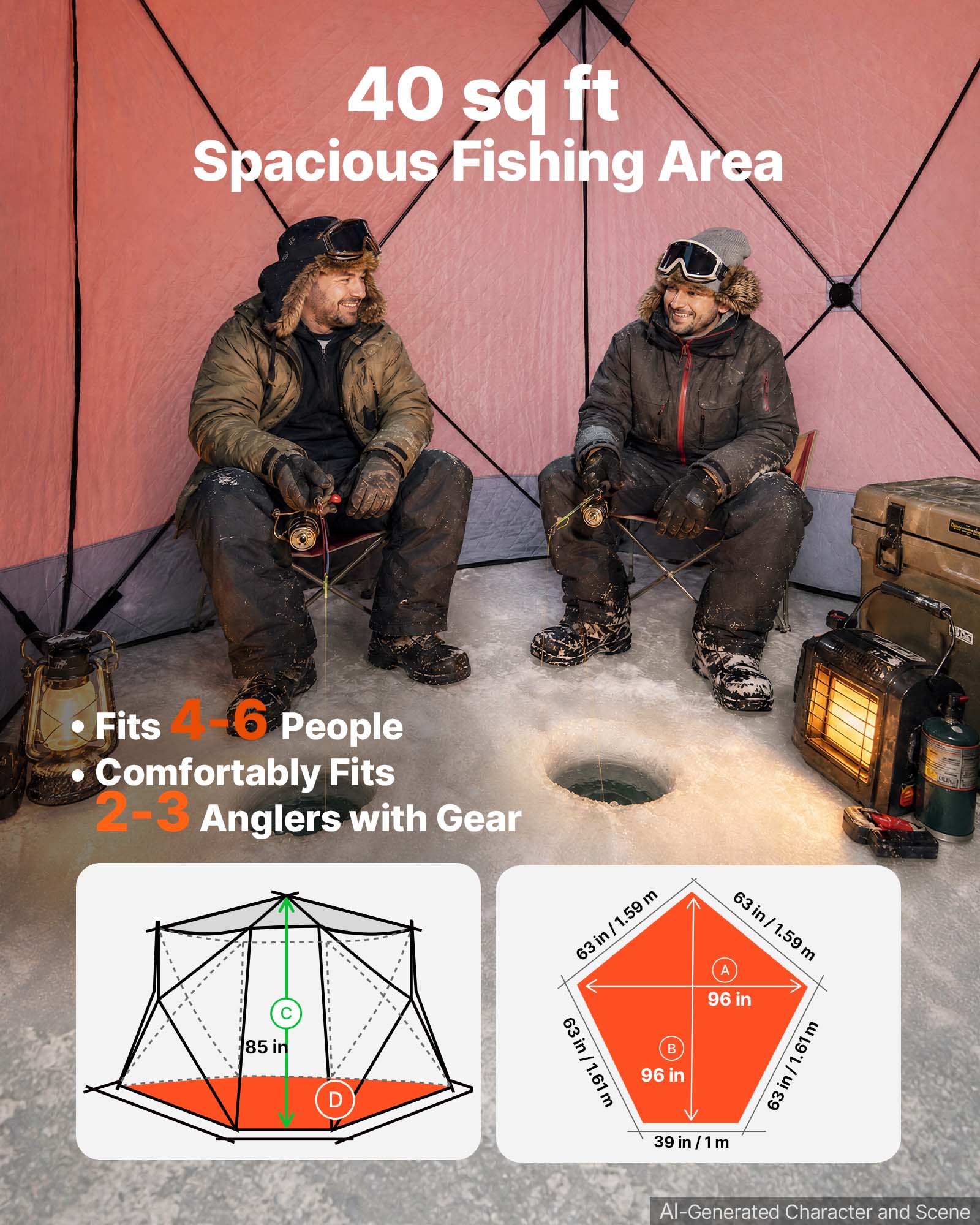 40 sq ft Spacious Fishing Area

Fits 4-6 People Comfortably

Fits 2-3 Anglers with Gear

A: 63 in/1.59m

B: 96 in

C: 85 in

D: 96 in

E: 63 in/1.61m

F: 39 in/1m
