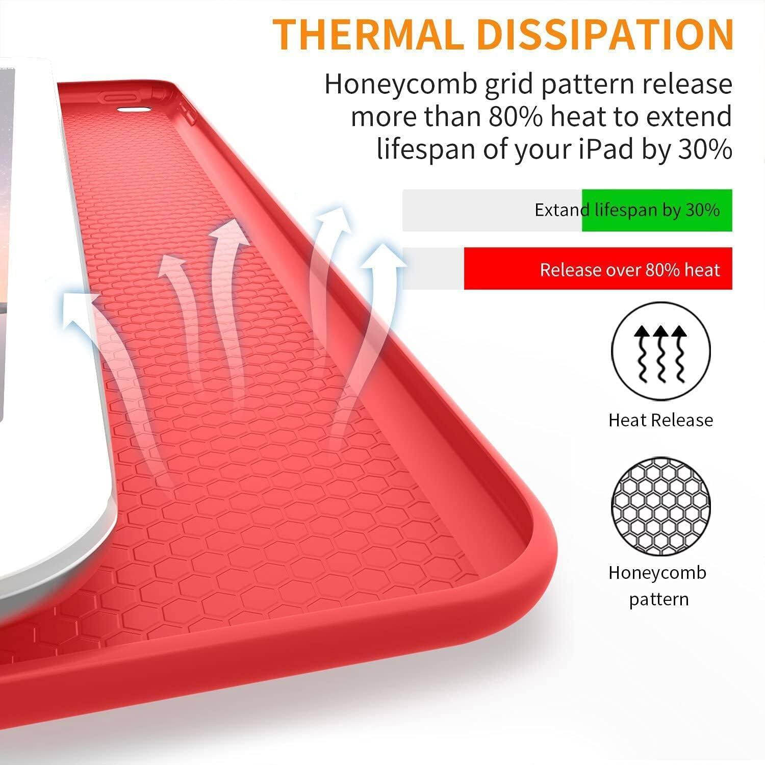 THERMAL DISSIPATION  
Honeycomb grid pattern release more than 80% heat to extend lifespan of your iPad by 30%  

Extend lifespan by 30%  
Release over 80% heat  
Heat Release  
Honeycomb pattern