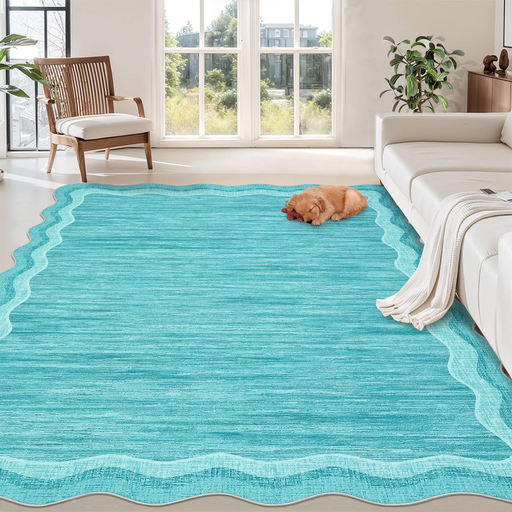 Angle. GARVEE - Modern Solid Color Area Rug Low Pile Machine Washable Non Slip Stain Resistant Carpet for Bedroom Kitchen Dining Room - Blue Green.